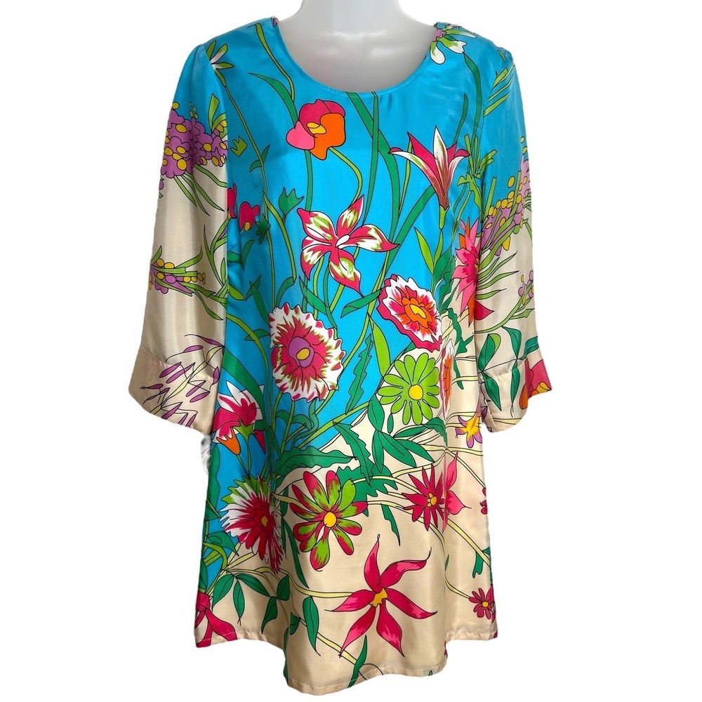 Julie Brown Livie Dress Size 4 Retro 60s Vibrant Floral 100% Silk 3/4 Sleeve